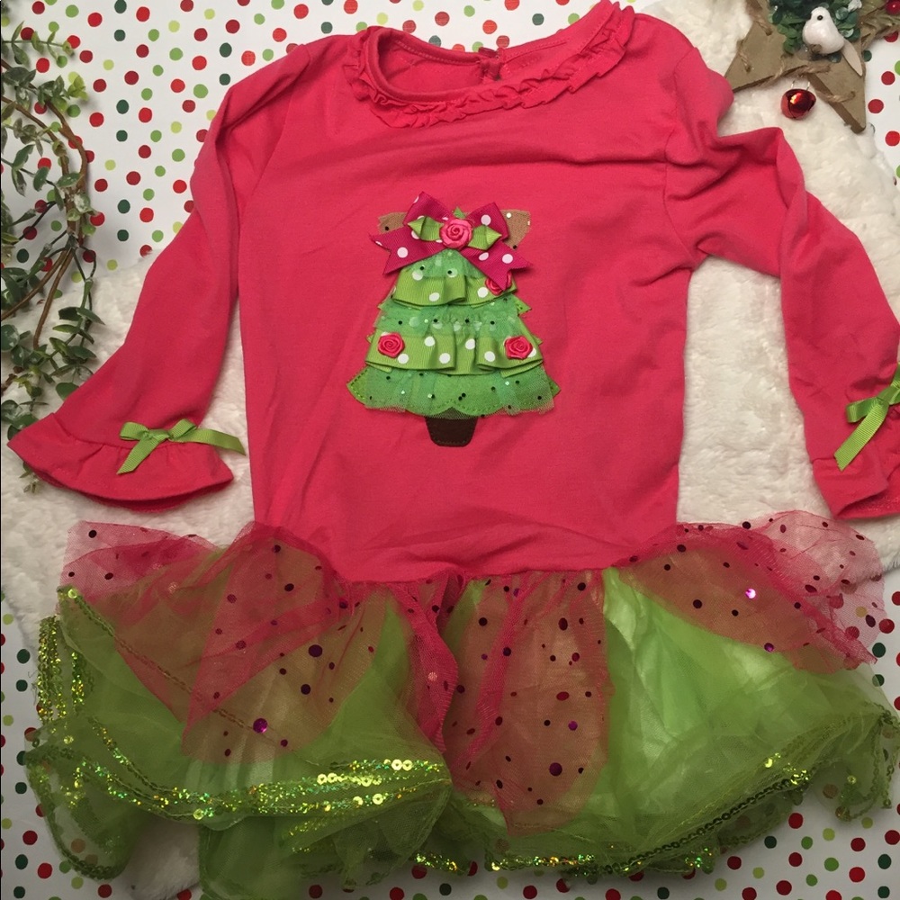 🎄Hot Pink & Green Ribbon Christmas Tree Sequin Frill Dress Boutique Girls